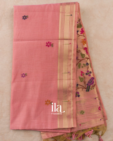 Baby Pink Paithani Pallu Semi Cotton Saree