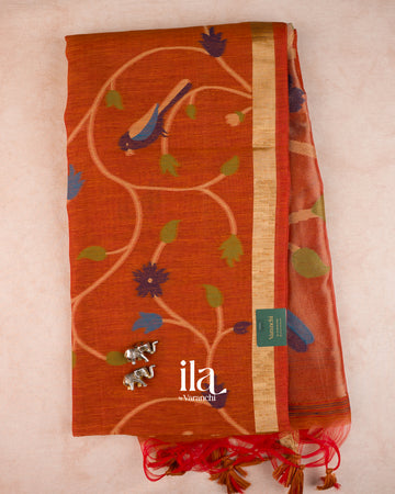 Rust Orange Jamdani Sequin with Paithani Pallu Semi Matka Saree — Folded