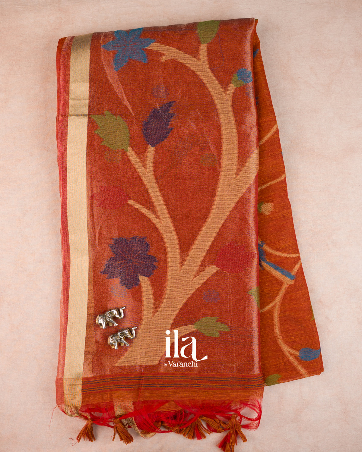Rust Orange Jamdani Sequin with Paithani Pallu Semi Matka Saree — Full Saree