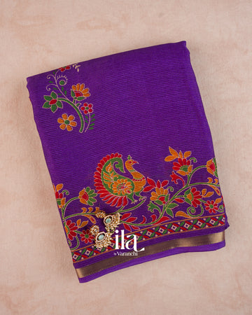 Purple Peacock Printed Chinon Saree — Folded