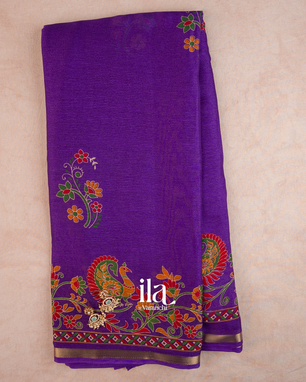 Purple Peacock Printed Chinon Saree — Full Saree