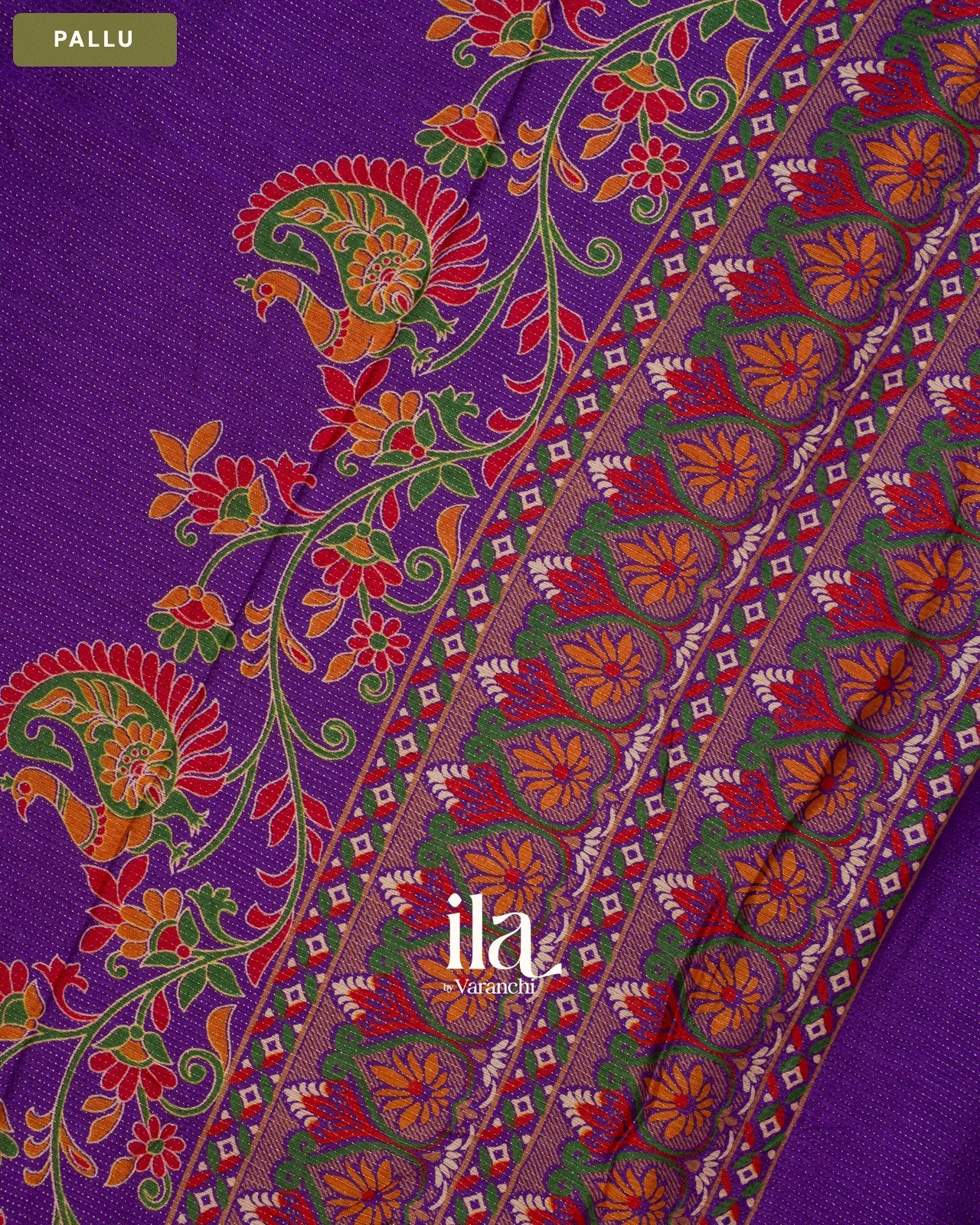 Purple Peacock Printed Chinon Saree — Pallu