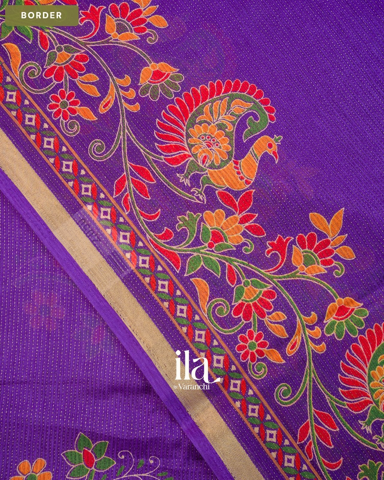 Purple Peacock Printed Chinon Saree — Border
