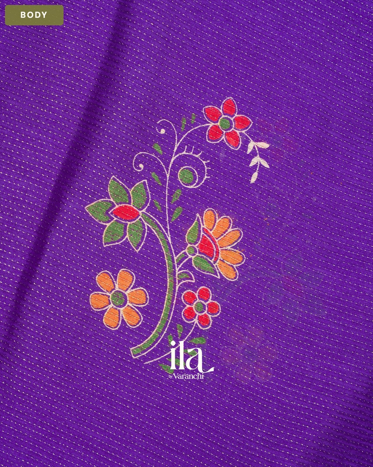 Purple Peacock Printed Chinon Saree — Body