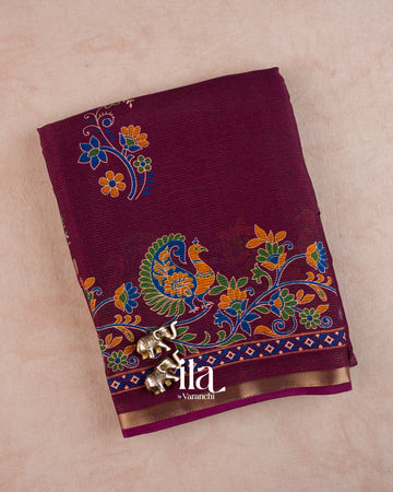 Wine Maroon Peacock Printed Chinon Saree — Folded