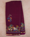 Wine Maroon Peacock Printed Chinon Saree — Full Saree