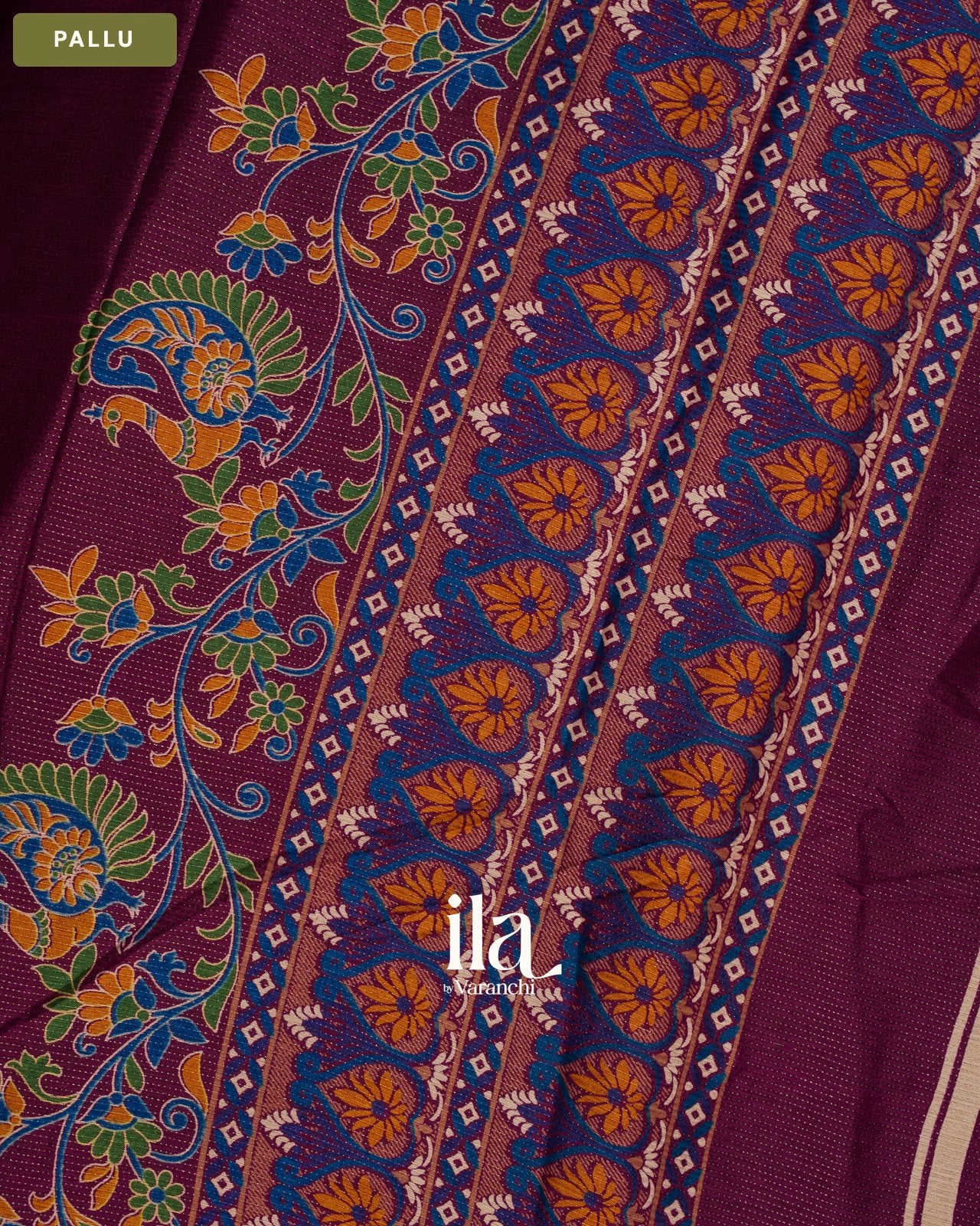 Wine Maroon Peacock Printed Chinon Saree — Pallu