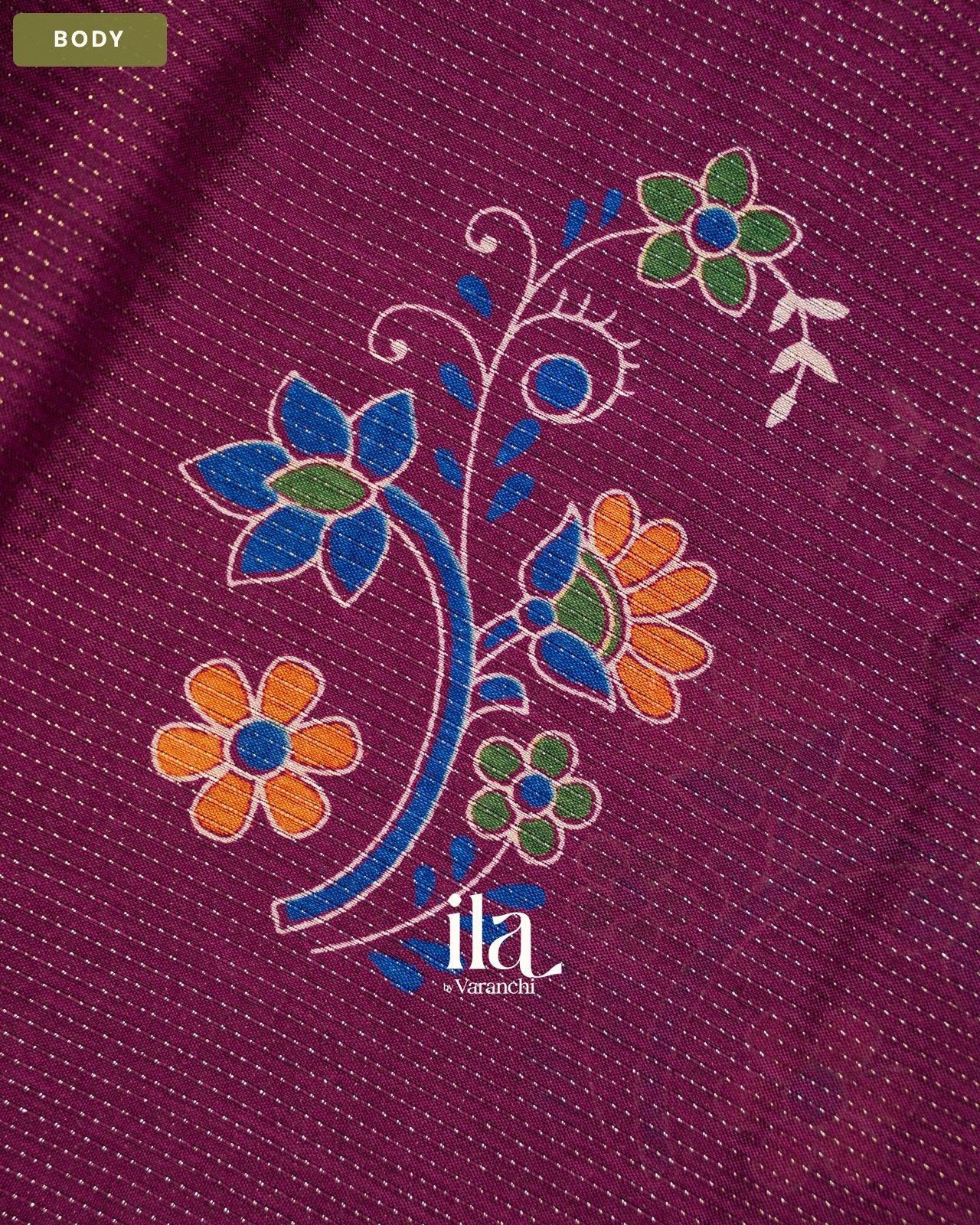 Wine Maroon Peacock Printed Chinon Saree — Body