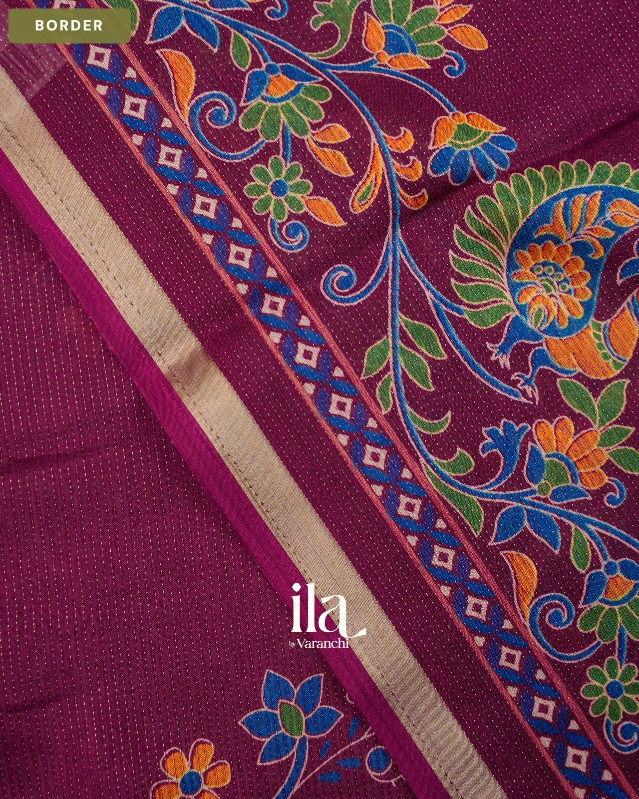 Wine Maroon Peacock Printed Chinon Saree — Border