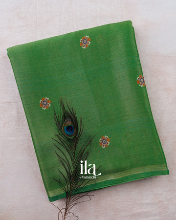 Parrot Green Borderless Cotton Tissue Saree