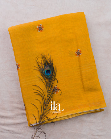 Mustard Yellow Borderless Cotton Tissue Saree