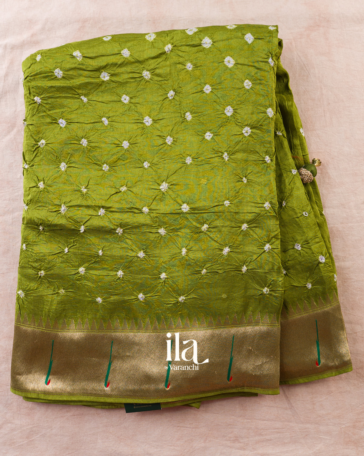 Olive Green Bandhani Semi Silk Saree — Full Saree