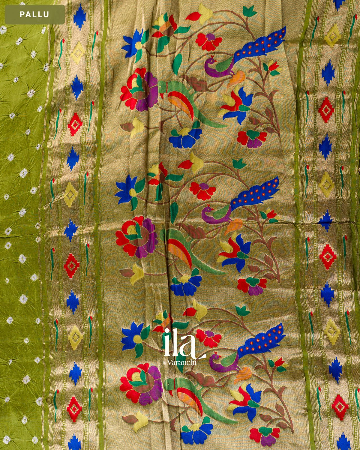 Olive Green Bandhani Semi Silk Saree — Pallu