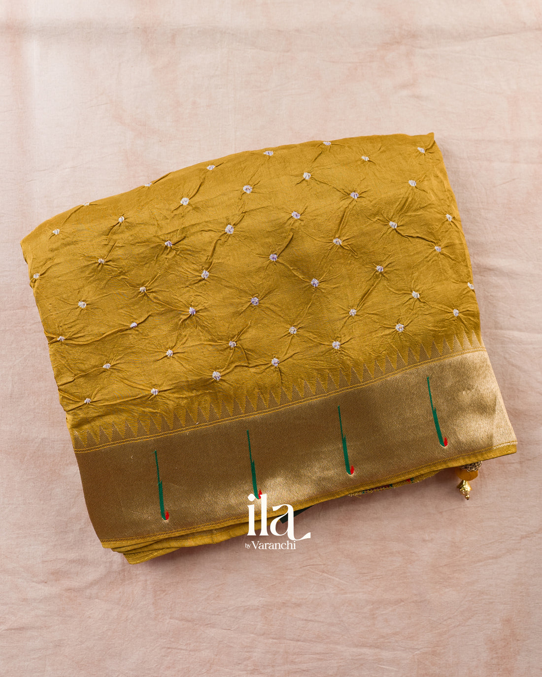 Mustard Yellow Bandhani Semi Silk Saree — Folded
