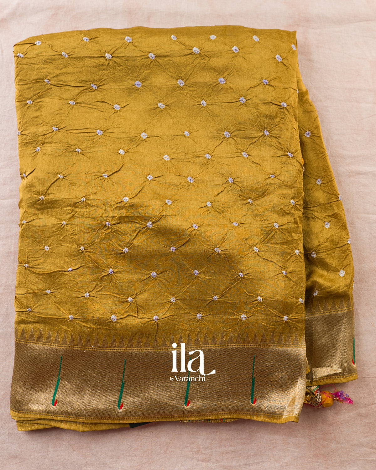 Mustard Yellow Bandhani Semi Silk Saree — Full Saree
