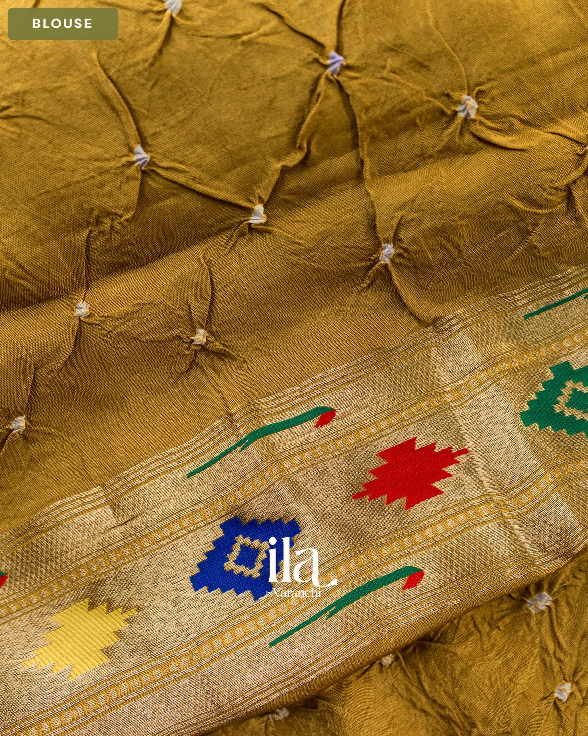 Mustard Yellow Bandhani Semi Silk Saree — Blouse