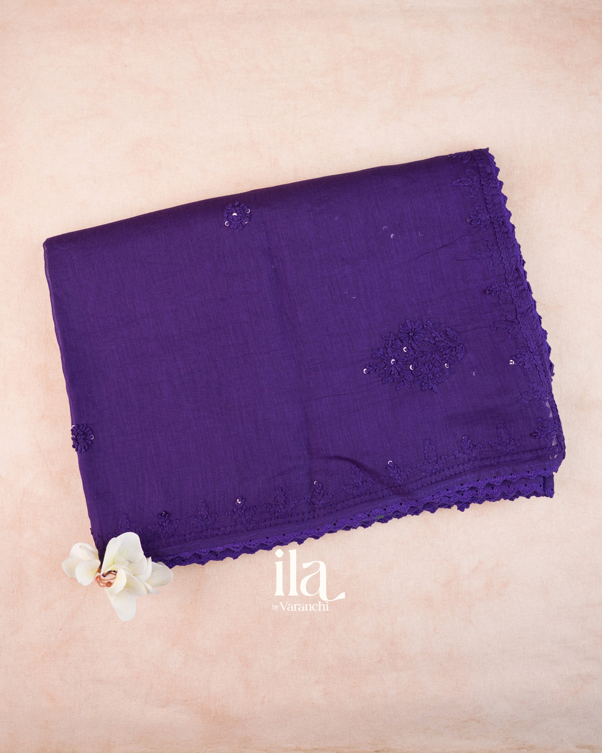 Indigo Blue Sequin Embroidered Mul Chanderi Saree — Folded