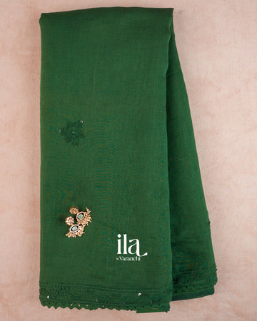 Bottle Green Sequin Embroidered Mul Chanderi Saree — Full Saree