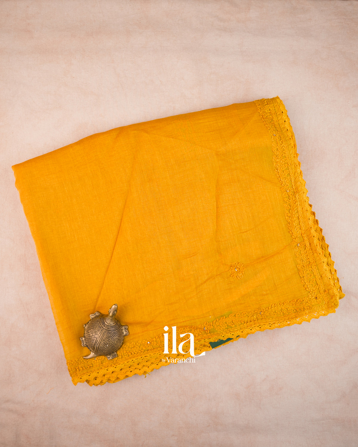 Turmeric Yellow Sequin Embroidered Mul Chanderi Saree — Folded