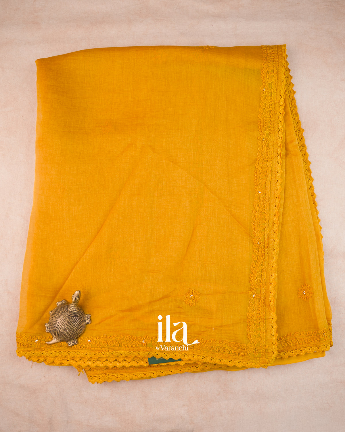 Turmeric Yellow Sequin Embroidered Mul Chanderi Saree — Full Saree
