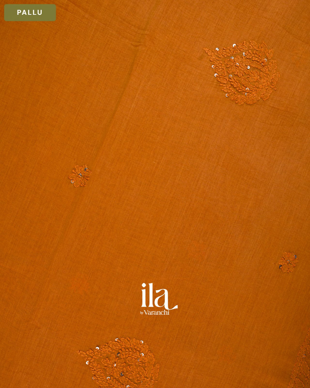 Rust Orange Sequin Embroidered Mul Chanderi Saree — Pallu