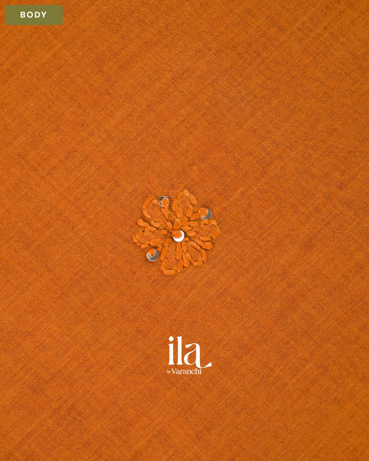 Rust Orange Sequin Embroidered Mul Chanderi Saree — Body