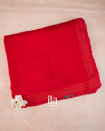 Cherry Red Sequin Embroidered Mul Chanderi Saree — Folded