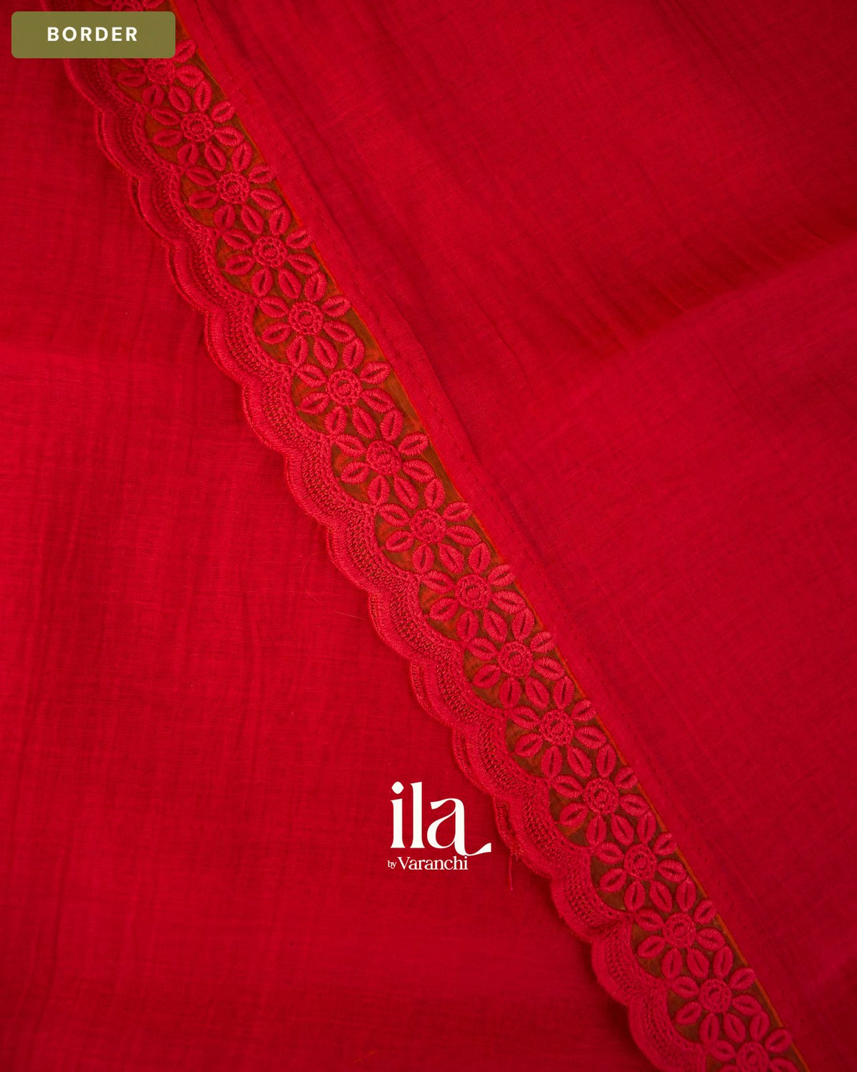 Cherry Red Sequin Embroidered Mul Chanderi Saree — Border