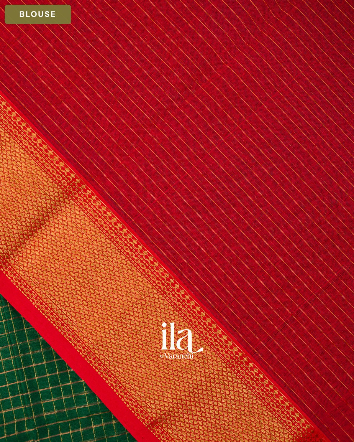 Bottle Green Checkered Pure Maheshwari Silk Cotton Saree — Blouse