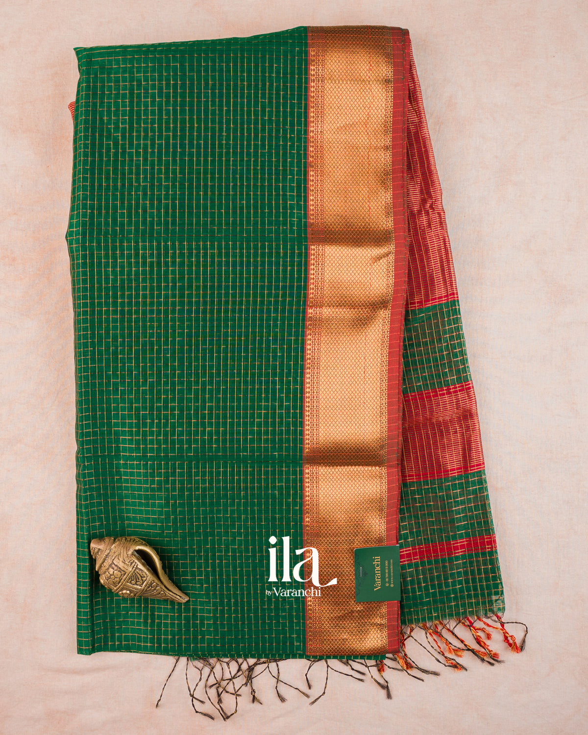 Bottle Green Checkered Pure Maheshwari Silk Cotton Saree — Full Saree
