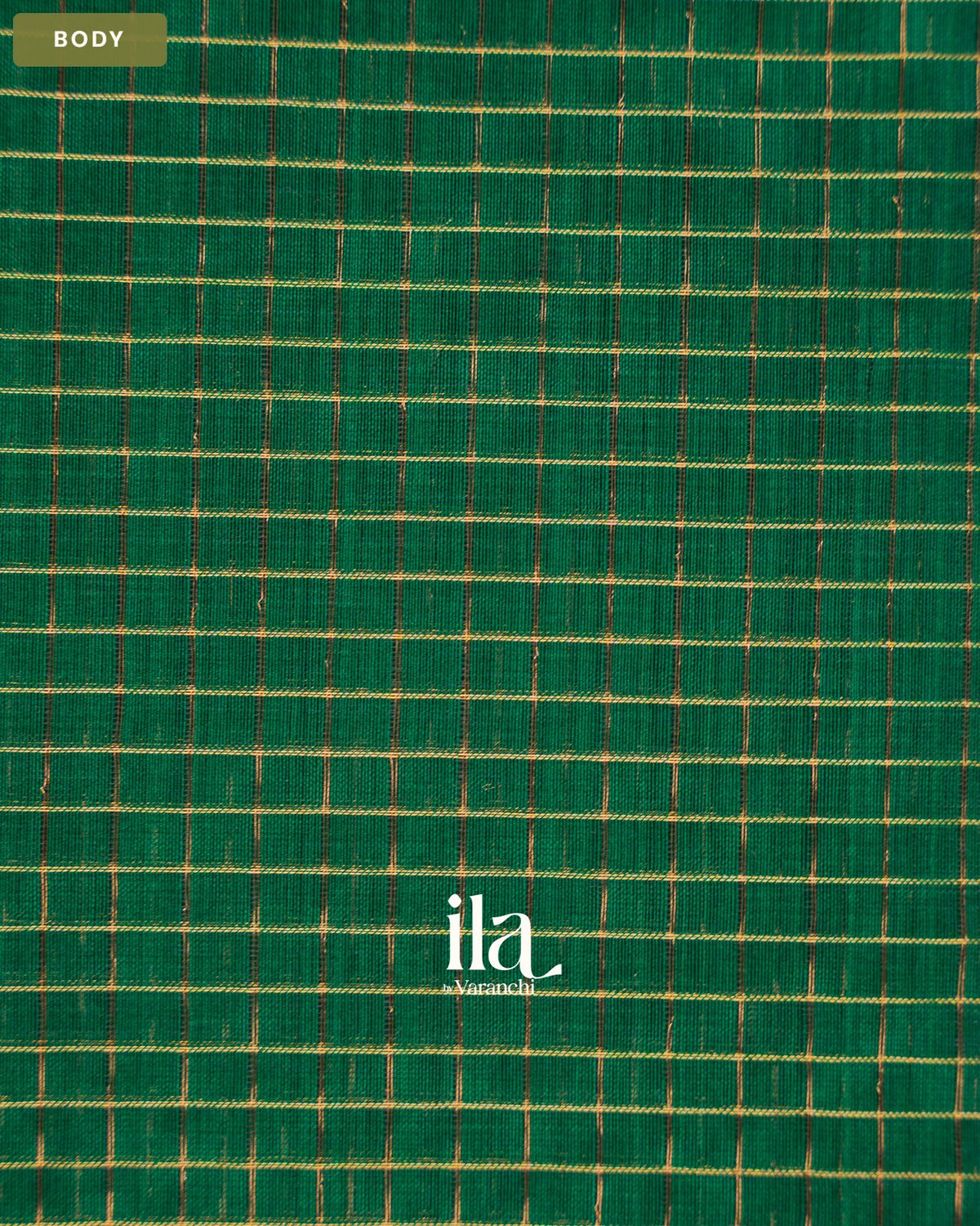 Bottle Green Checkered Pure Maheshwari Silk Cotton Saree — Body