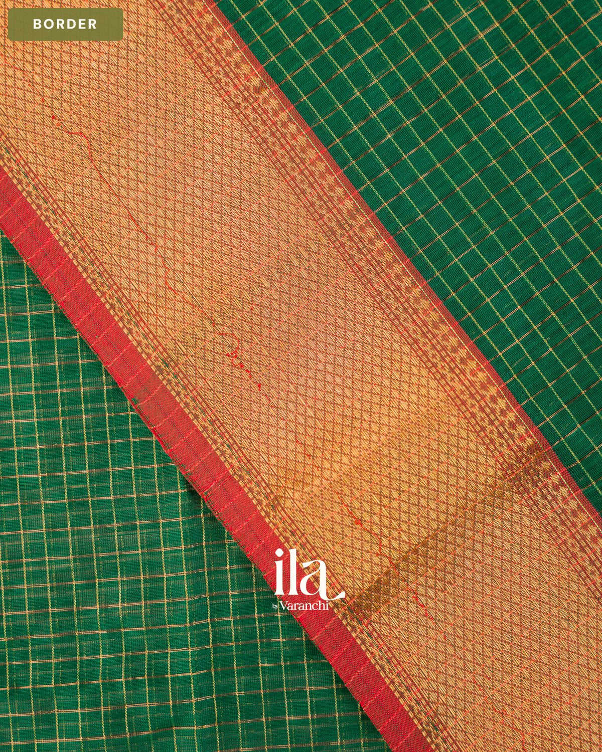 Bottle Green Checkered Pure Maheshwari Silk Cotton Saree — Border