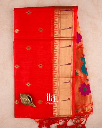 Red Orange Paithani Semi Silk Saree — Folded
