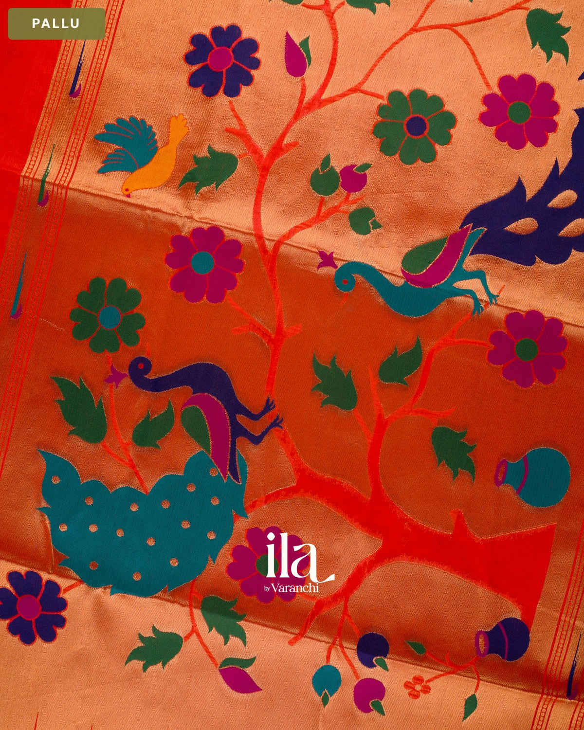 Red Orange Paithani Semi Silk Saree — Pallu