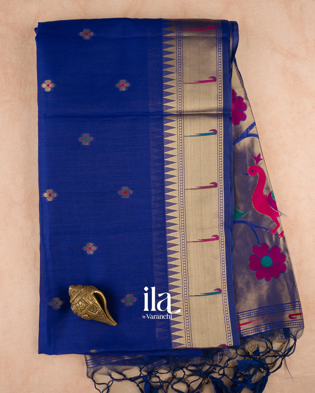 Royal Blue Paithani Semi Silk Saree — Folded