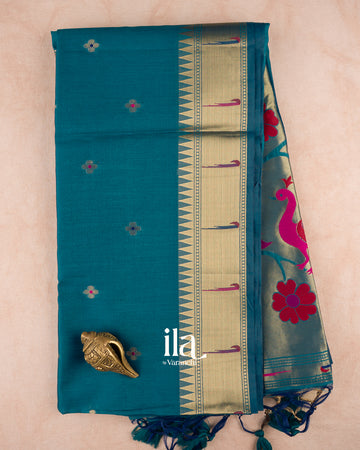 Teal Blue Paithani Semi Silk Saree — Full Saree