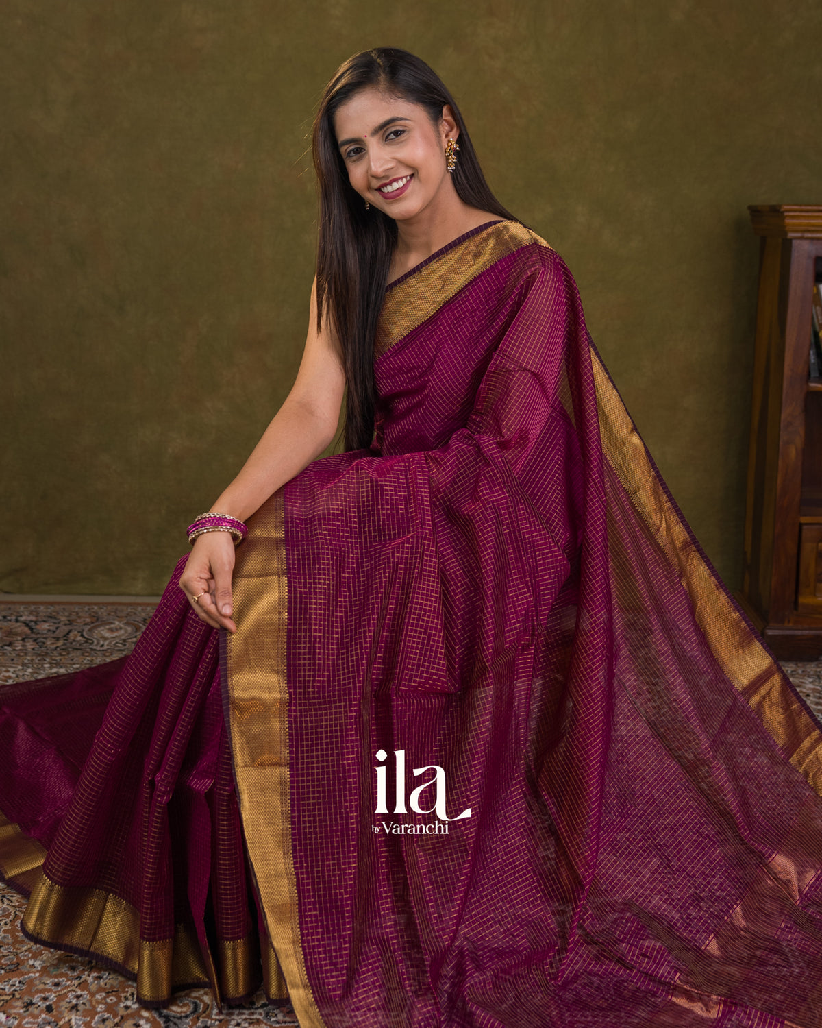 Deep Purple Checkered Pure Maheshwari Silk Cotton Saree — Draped
