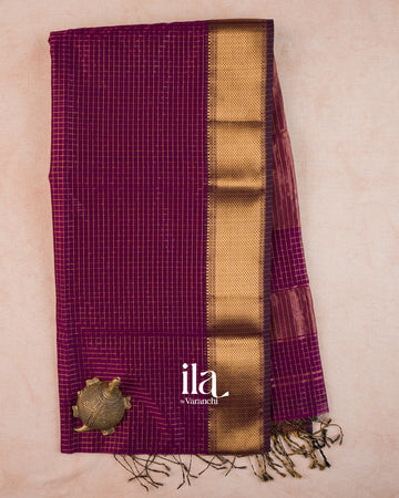 Deep Purple Checkered Pure Maheshwari Silk Cotton Saree — Full Saree