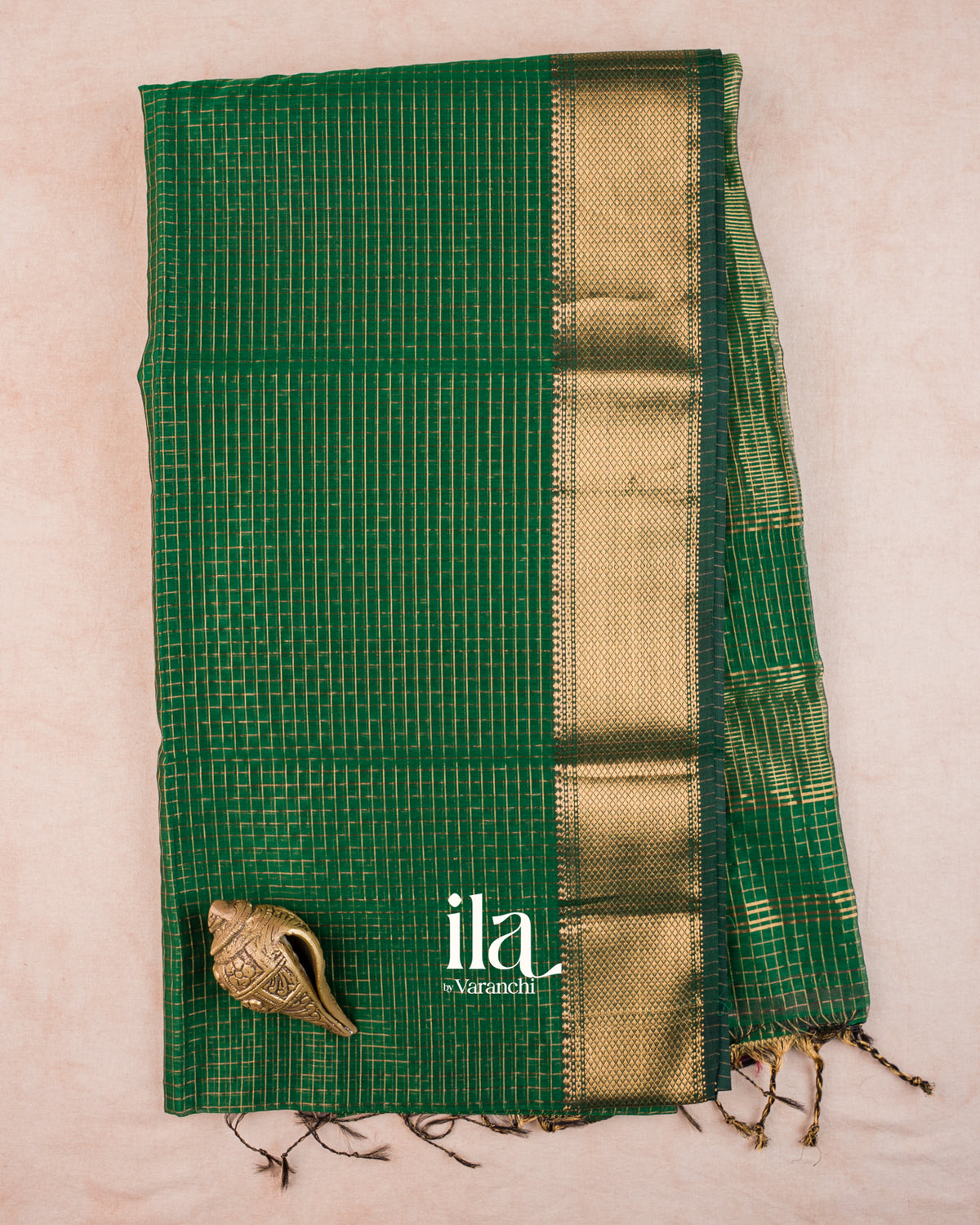 Bottle Green Checkered Maheshwari Silk Cotton Saree — Full Saree