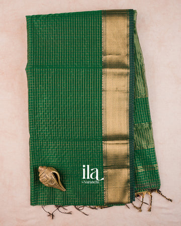 Bottle Green Checkered Maheshwari Silk Cotton Saree — Full Saree