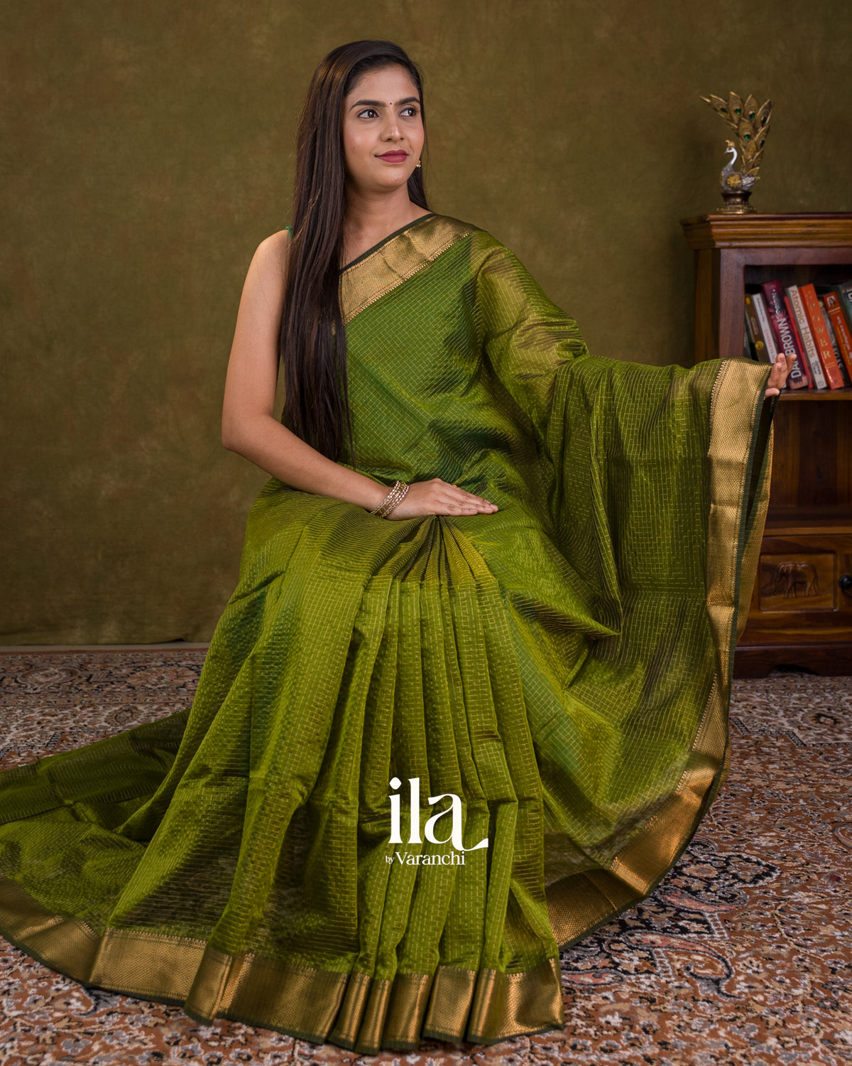 Parrot Green Checkered Pure Maheshwari Silk Cotton Saree — Draped