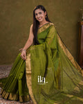 Parrot Green Checkered Pure Maheshwari Silk Cotton Saree — Draped