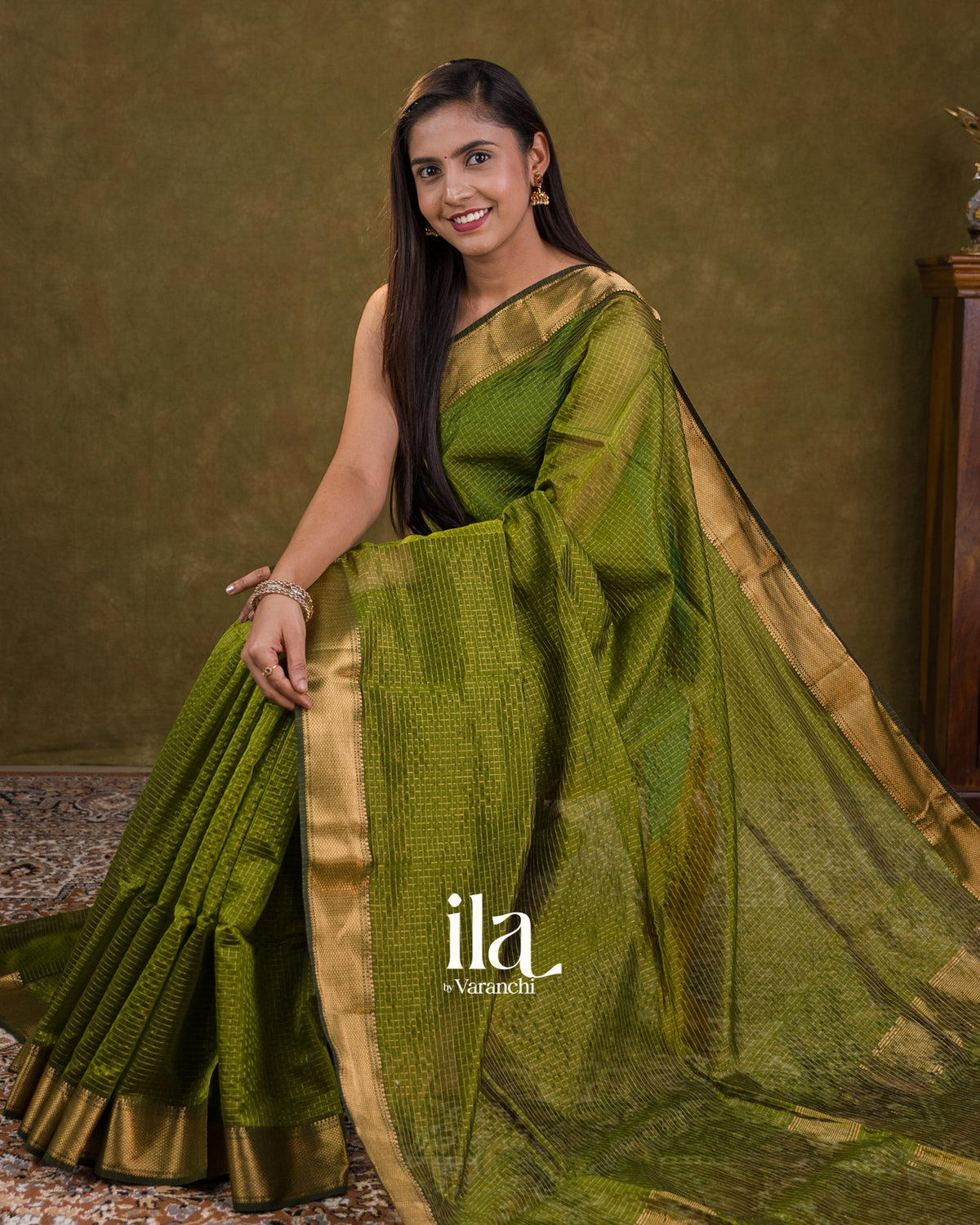 Parrot Green Checkered Pure Maheshwari Silk Cotton Saree — Draped
