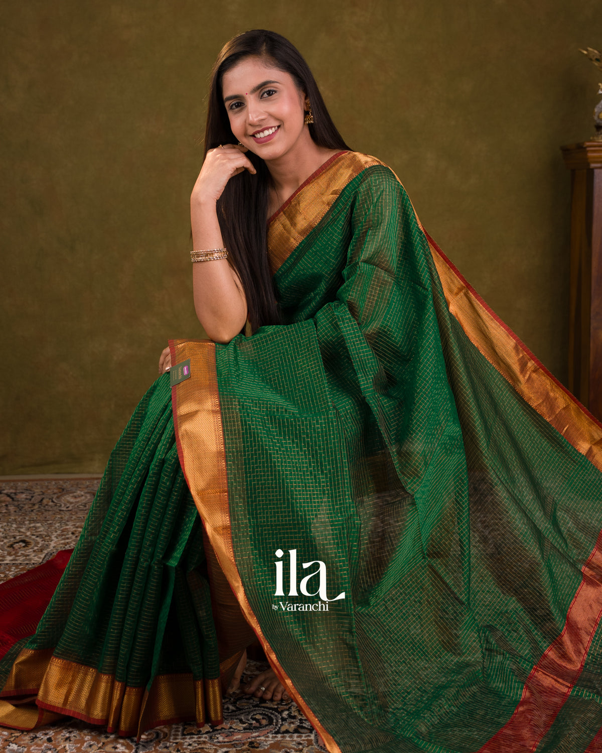 Bottle Green Checkered Pure Maheshwari Silk Cotton Saree — Draped