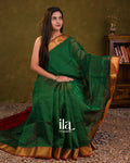 Bottle Green Checkered Pure Maheshwari Silk Cotton Saree — Draped