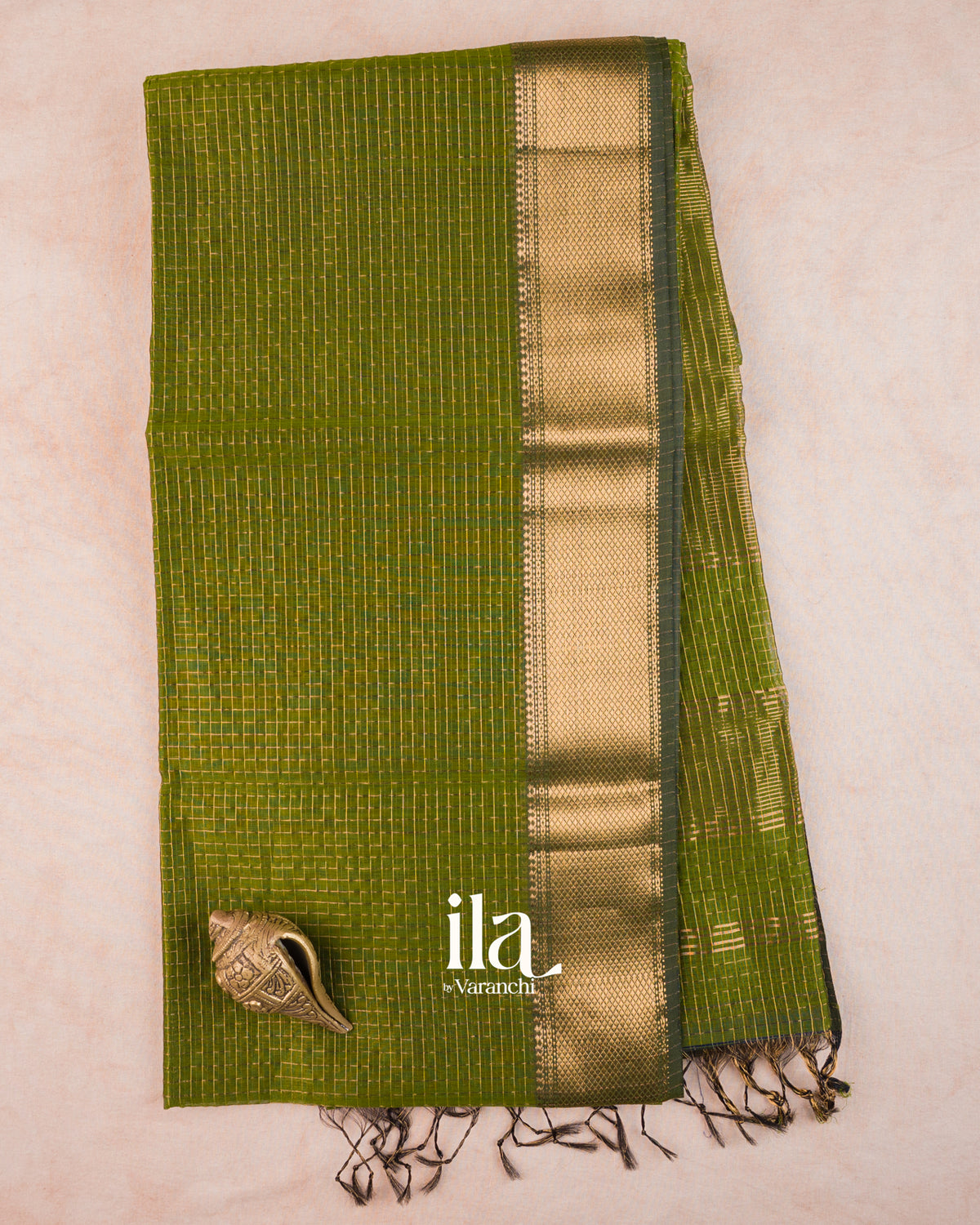 Parrot Green Checkered Pure Maheshwari Silk Cotton Saree — Full Saree