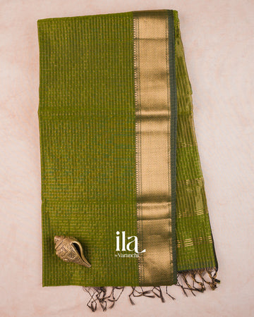 Parrot Green Checkered Pure Maheshwari Silk Cotton Saree — Full Saree