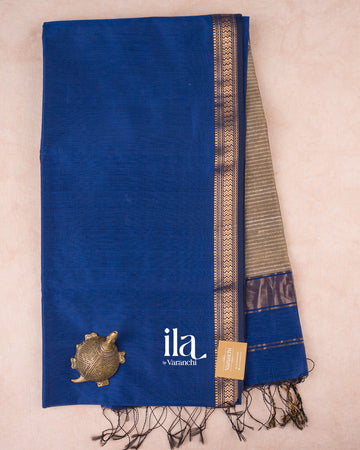 Royal Blue Zigzag Bordered Maheshwari Silk Cotton Saree — Full Saree