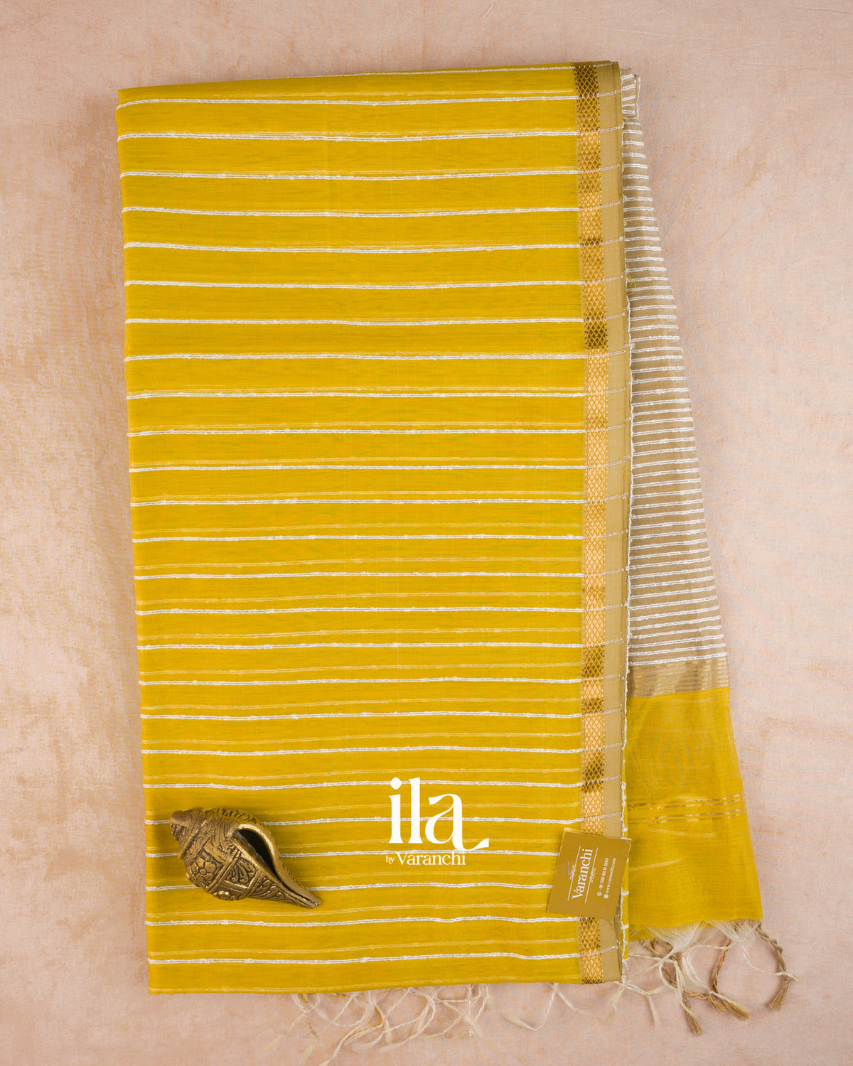 Olive Yellow Striped Maheshwari Silk Cotton Saree — Full Saree