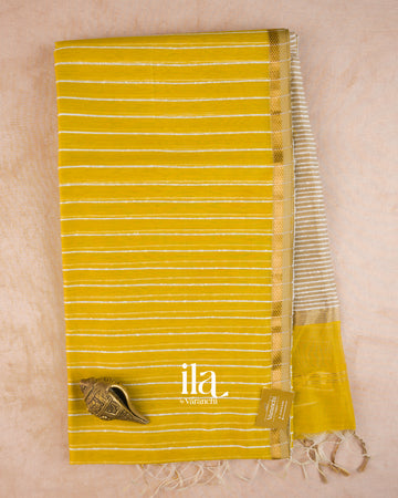 Olive Yellow Striped Maheshwari Silk Cotton Saree — Full Saree